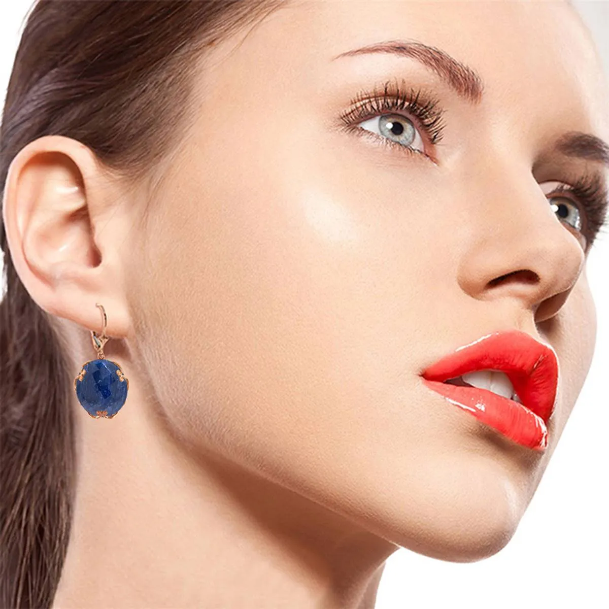 14K Solid Rose Gold Leverback Earrings w/ Checkerboard Cut Round Dyed Sapphires