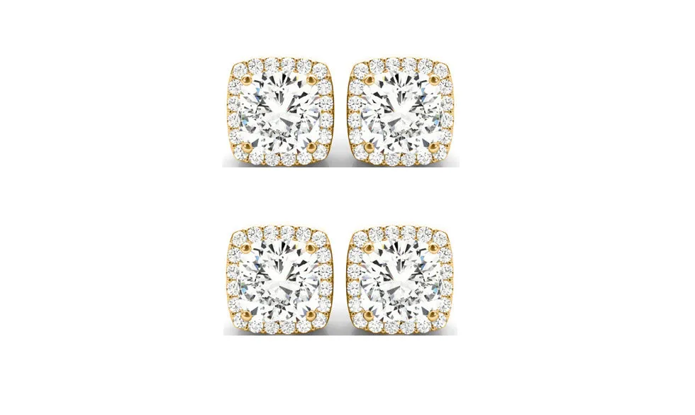 18k Yellow Gold 4mm 4Ct Cushion Cut White Sapphire Set Of Two Halo Stud Earrings Plated