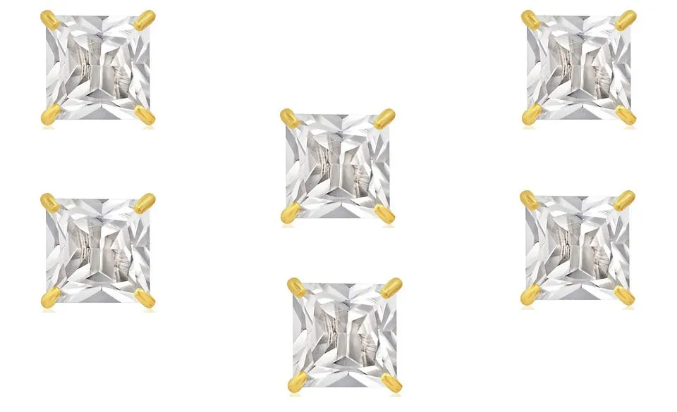 18k Yellow Gold Plated 2Ct Square Cut White Sapphire Set Of Three Stud Earrings