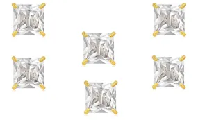 18k Yellow Gold Plated 2Ct Square Cut White Sapphire Set Of Three Stud Earrings