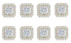 18k Yellow Gold Plated 3Ct Princess Cut White Sapphire Set of Four Halo Stud Earrings