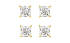 18k Yellow Gold Plated 4Ct Square Cut White Sapphire Set Of Two Stud Earrings