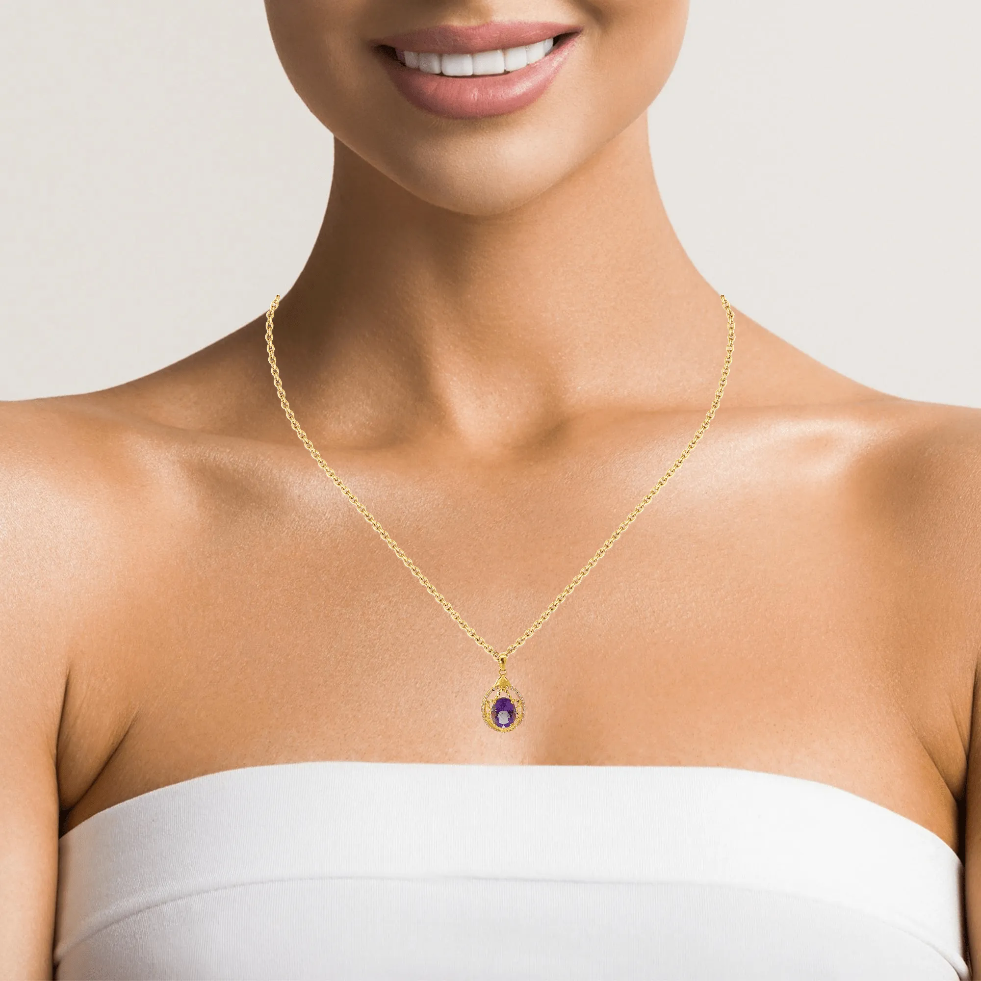 24K Yellow Gold Genuine AA Royal Amethyst Pendant Necklace