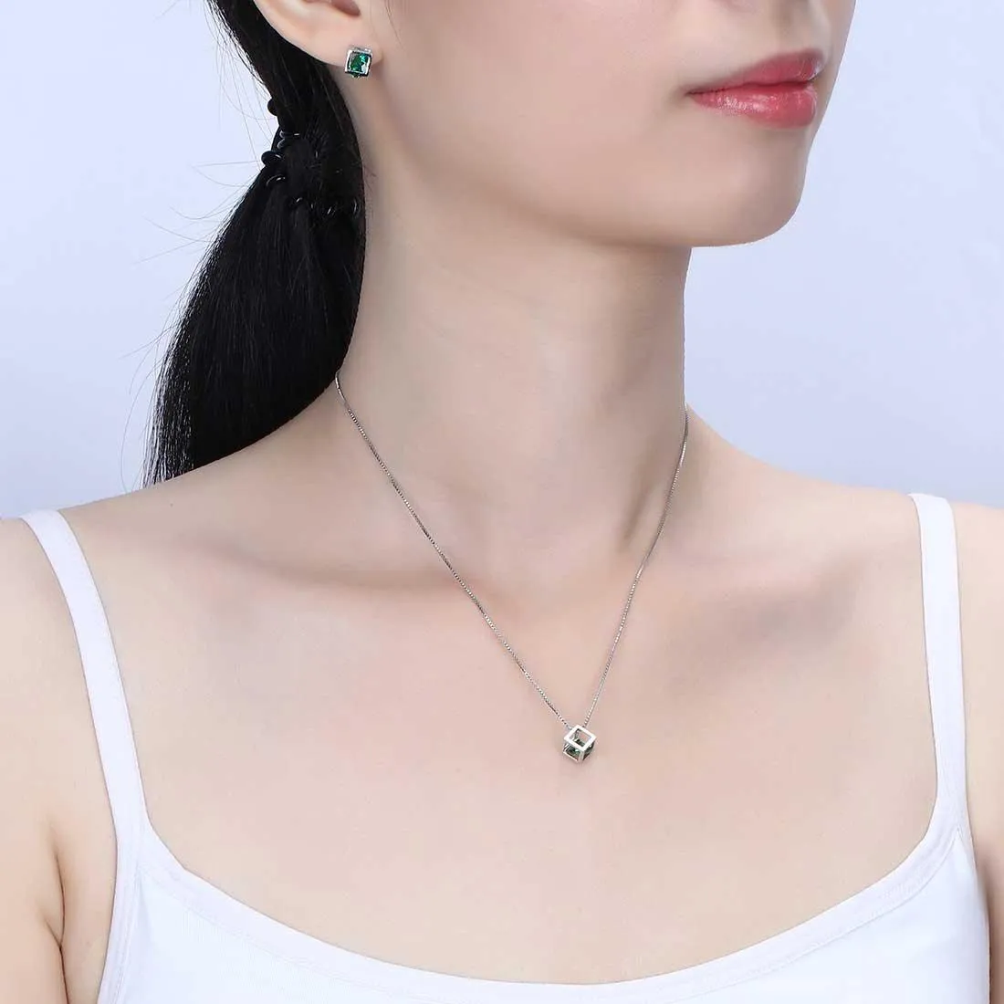 3D Cube Birthstone May Emerald Necklace Pendant Women Girls Jewelry Birthday Gift