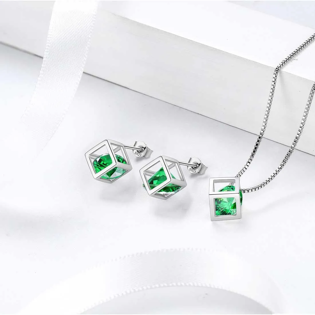 3D Cube Birthstone May Emerald Necklace Pendant Women Girls Jewelry Birthday Gift