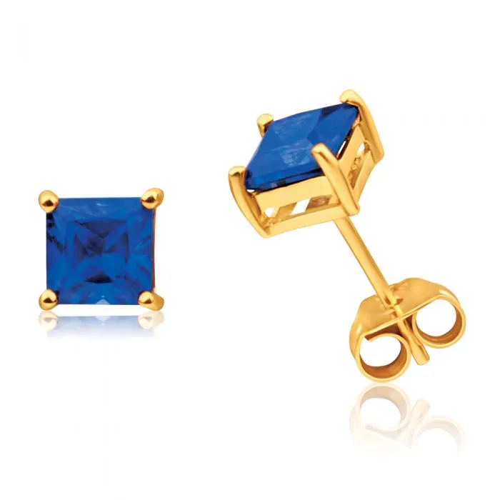 9ct Yellow Gold Created Sapphire 5mm Princess Cut Stud Earrings