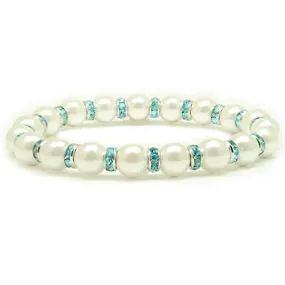 Accents Kingdom Women's Magnetic Hematite White Tuchi Simulated Pearl Bracelet with Simulated Aquamarine Crystal, 7.5"