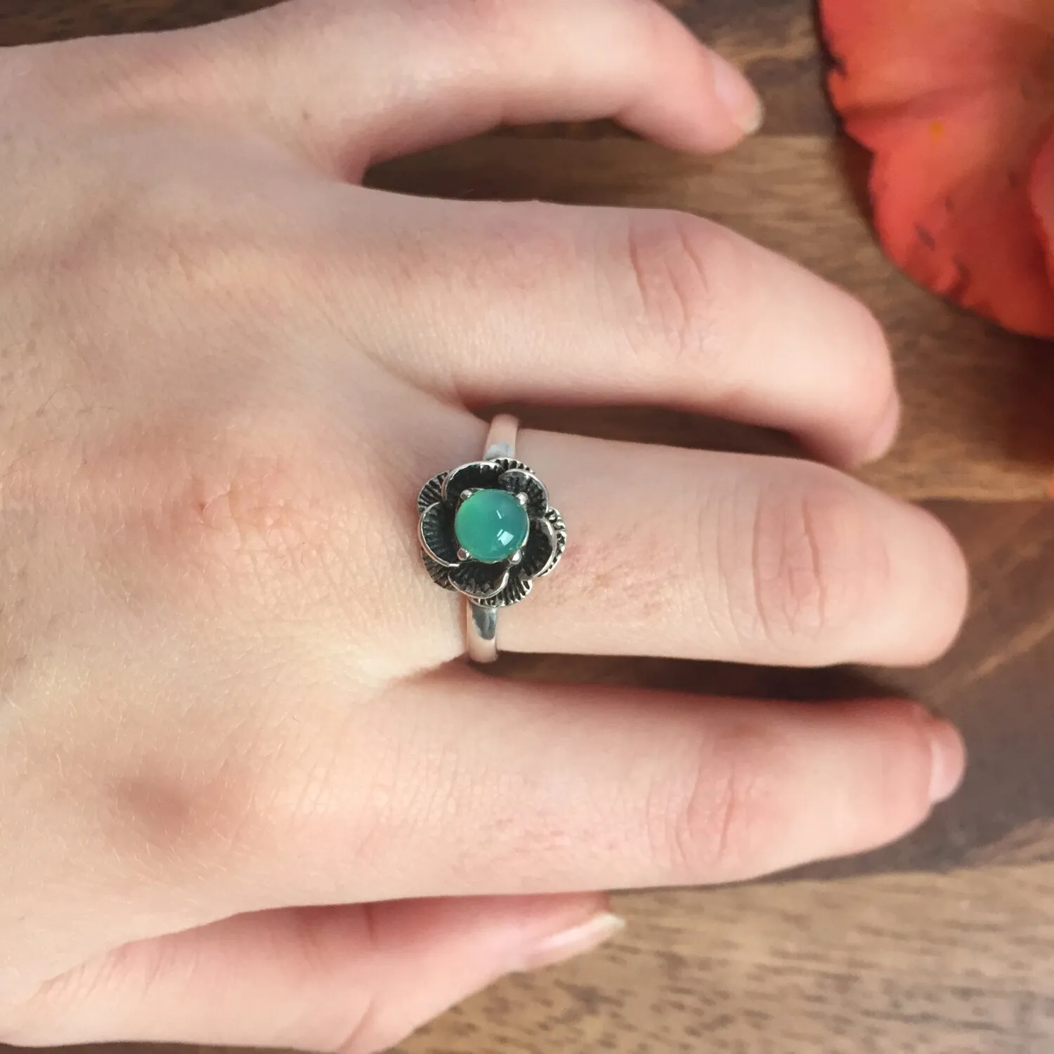 Chrysoprase Ring - Vintage Flower Rings - Rose Ring