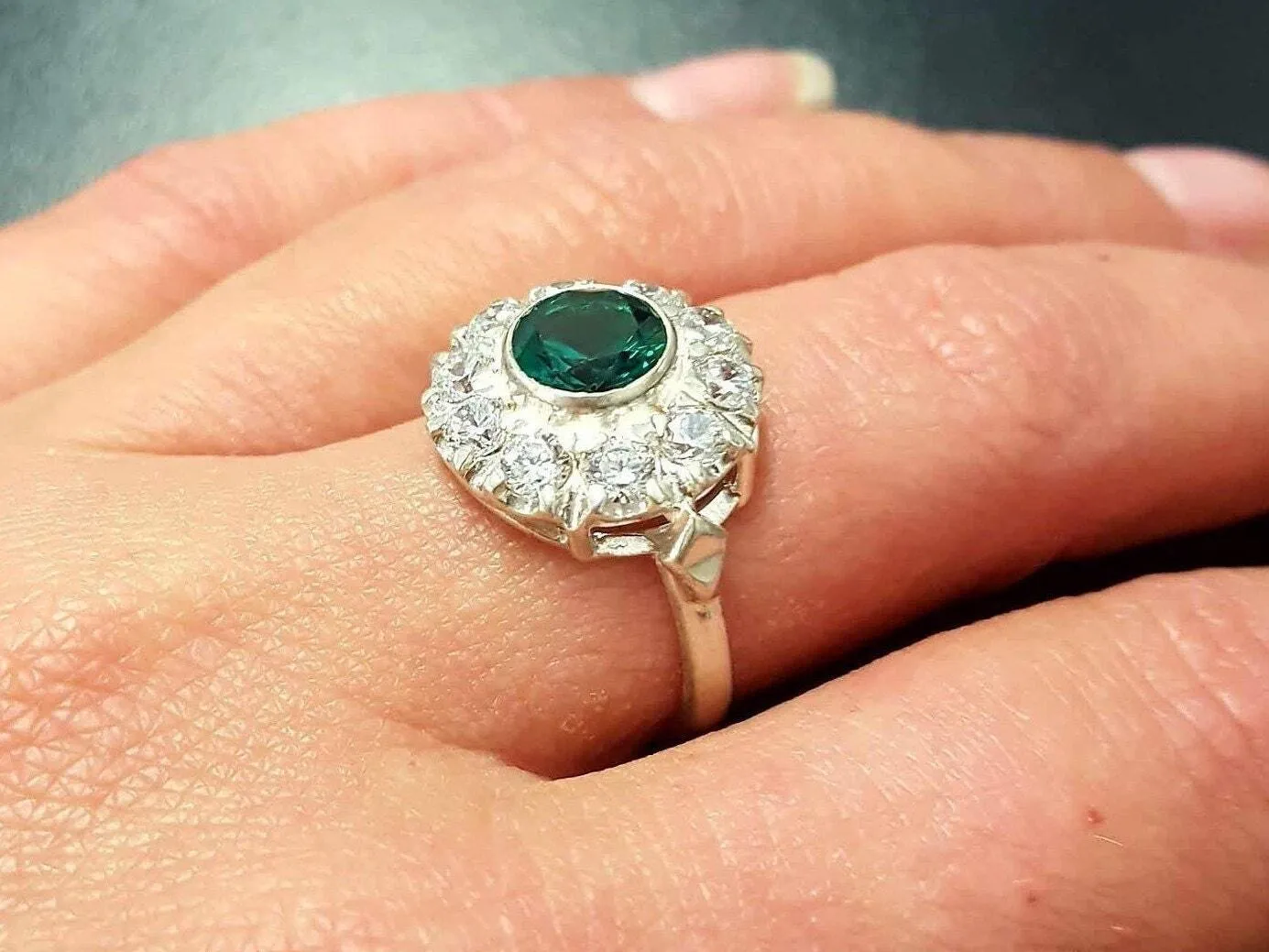 Emerald Victorian Ring - Flower Diamond Ring - Emerald Cocktail Ring