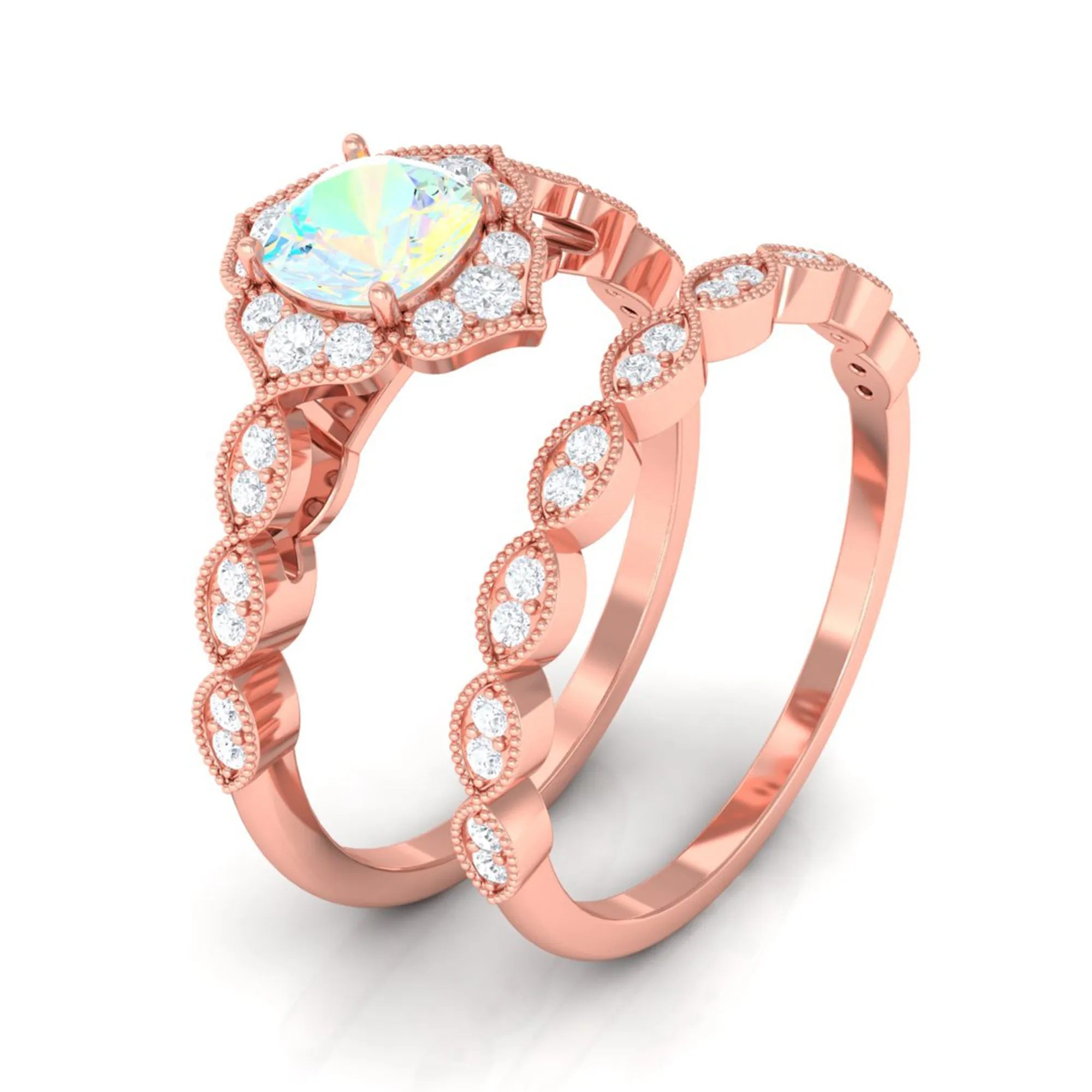 Ethiopian Opal Flower Ring Set with Diamond and Beaded