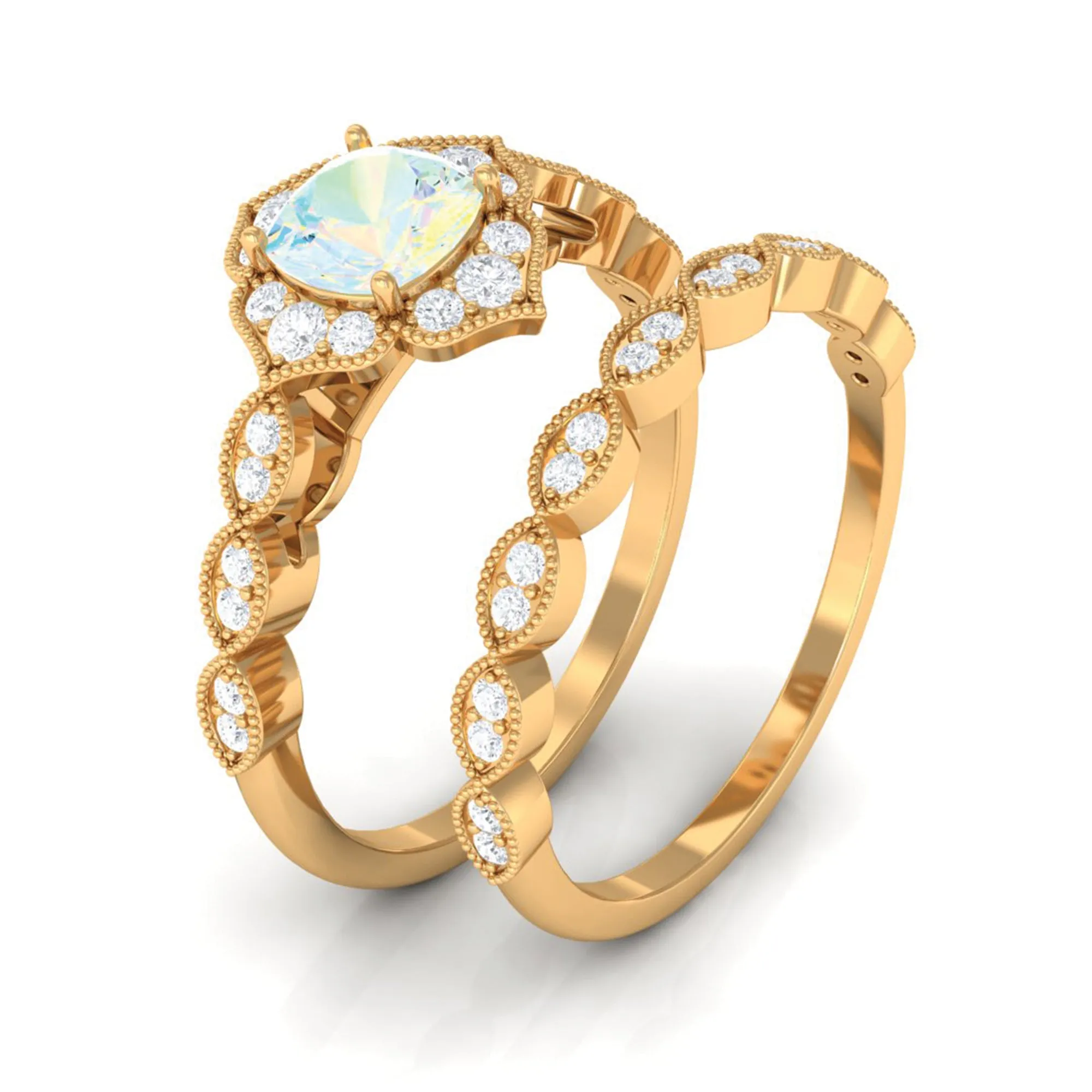 Ethiopian Opal Flower Ring Set with Diamond and Beaded