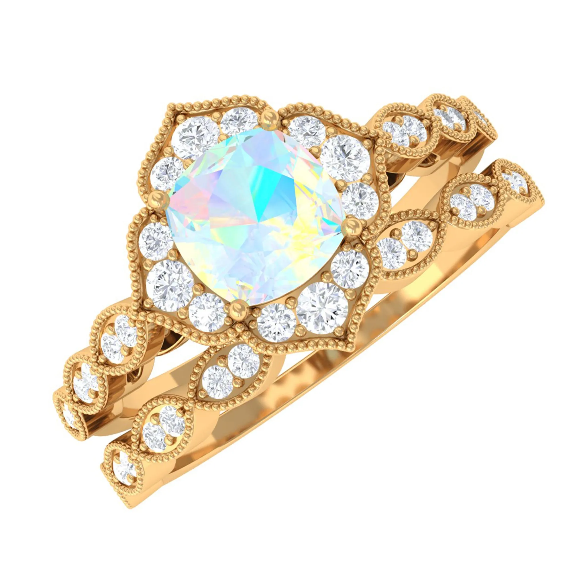 Ethiopian Opal Flower Ring Set with Diamond and Beaded