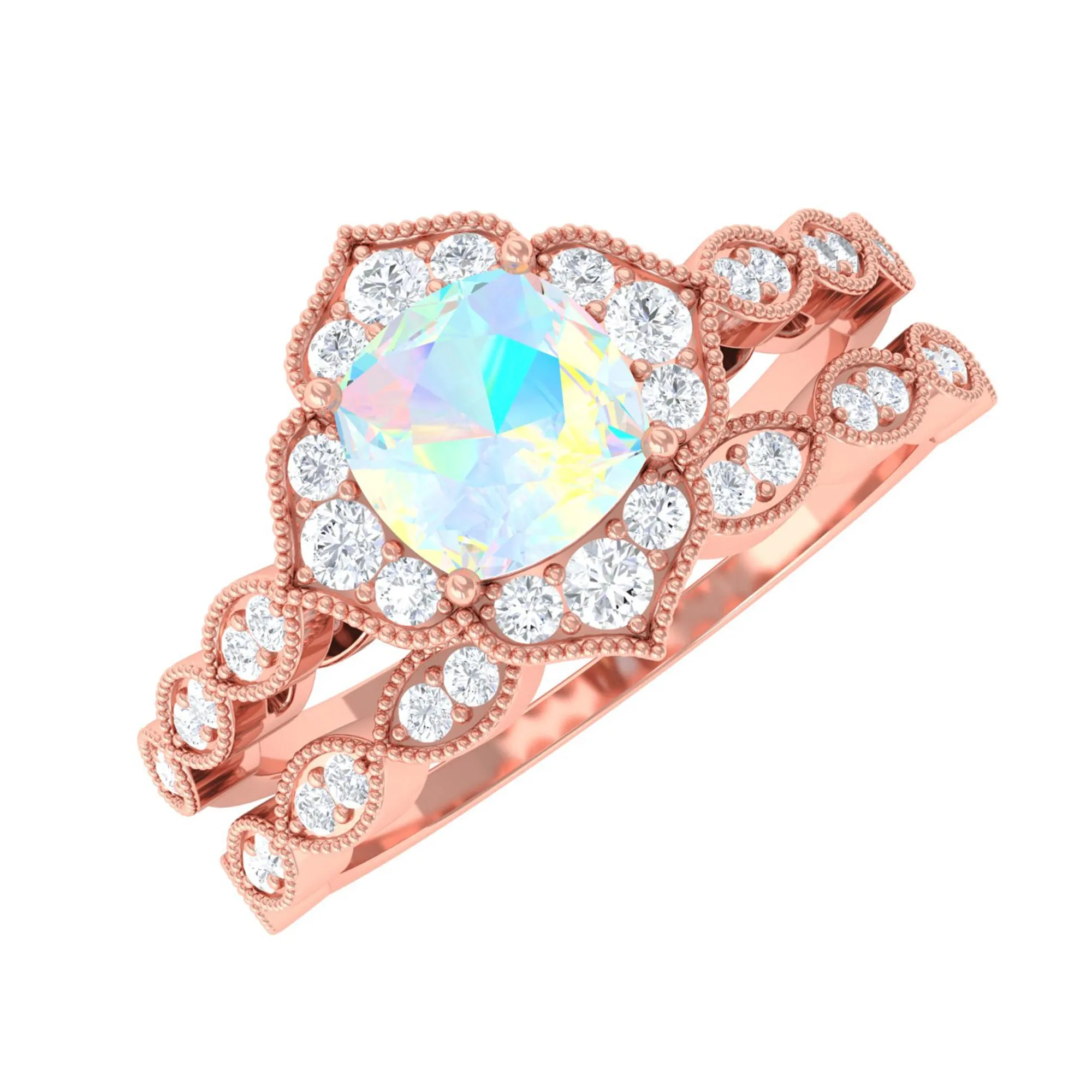 Ethiopian Opal Flower Ring Set with Diamond and Beaded