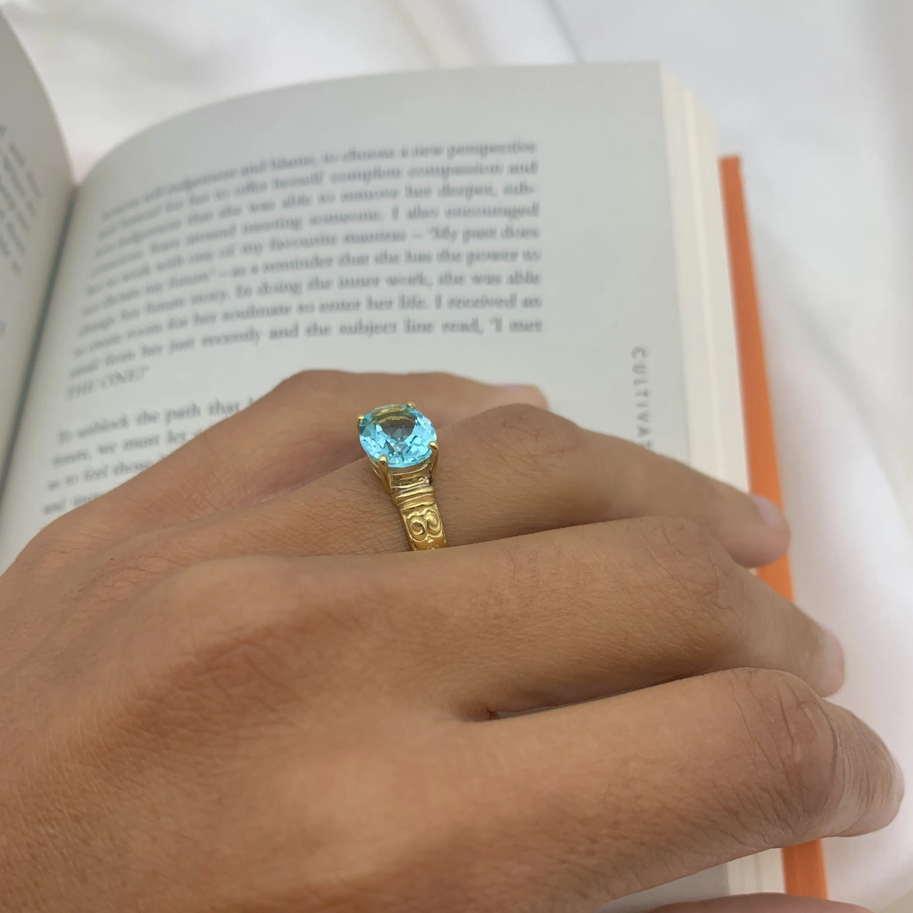 Gold Aquamarine Ring - Blue Horizontal Ring, Blue Diamond Ring