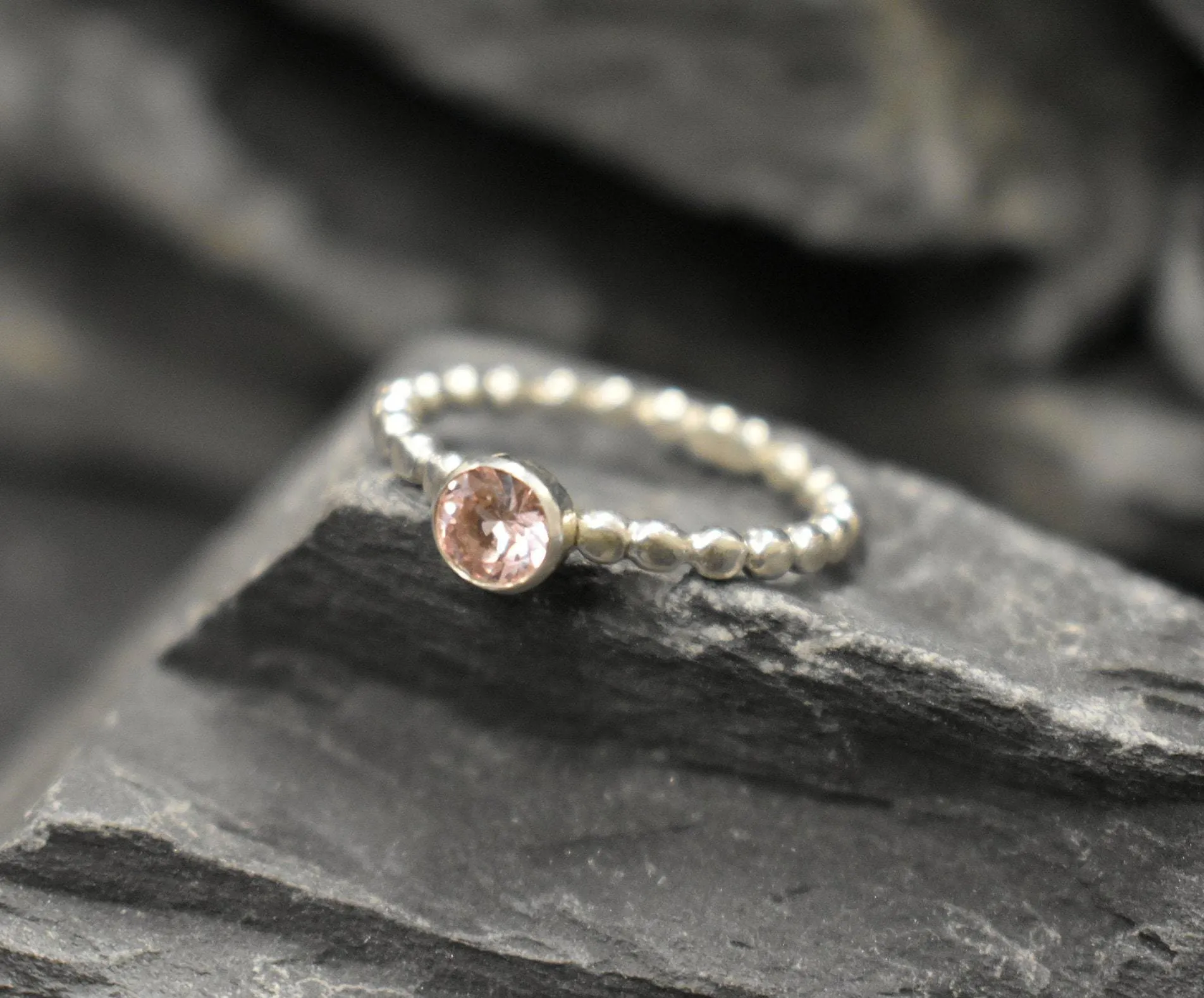 Morganite Ring - Round Pink Ring - Silver Bubble Band