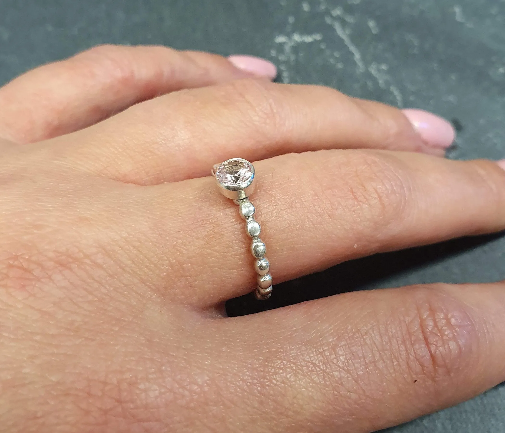Morganite Ring - Round Pink Ring - Silver Bubble Band