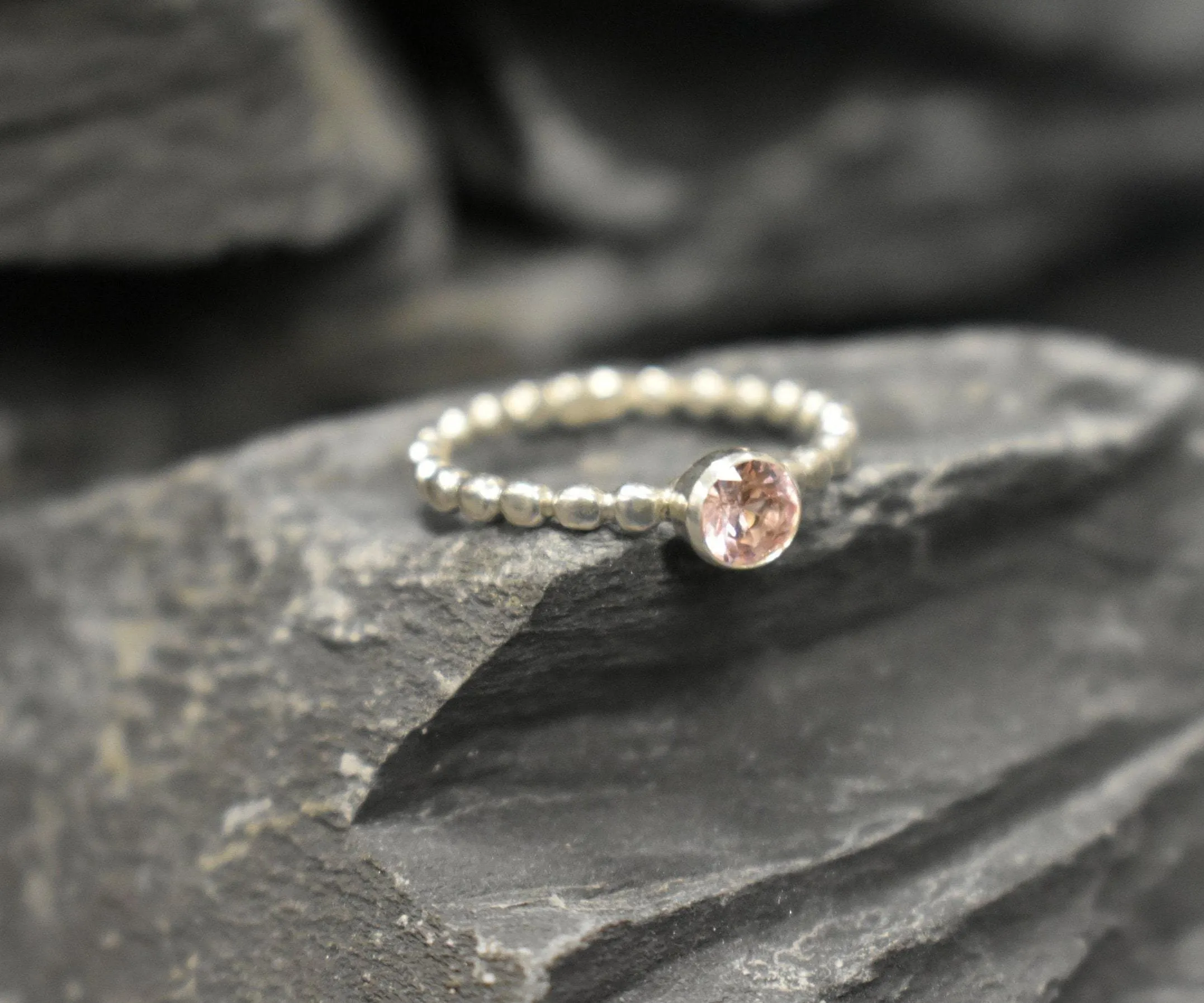Morganite Ring - Round Pink Ring - Silver Bubble Band