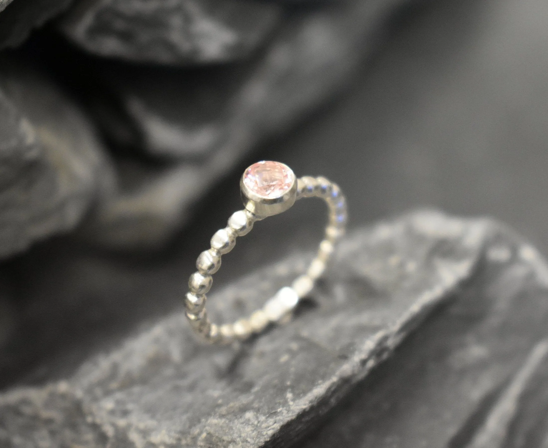 Morganite Ring - Round Pink Ring - Silver Bubble Band