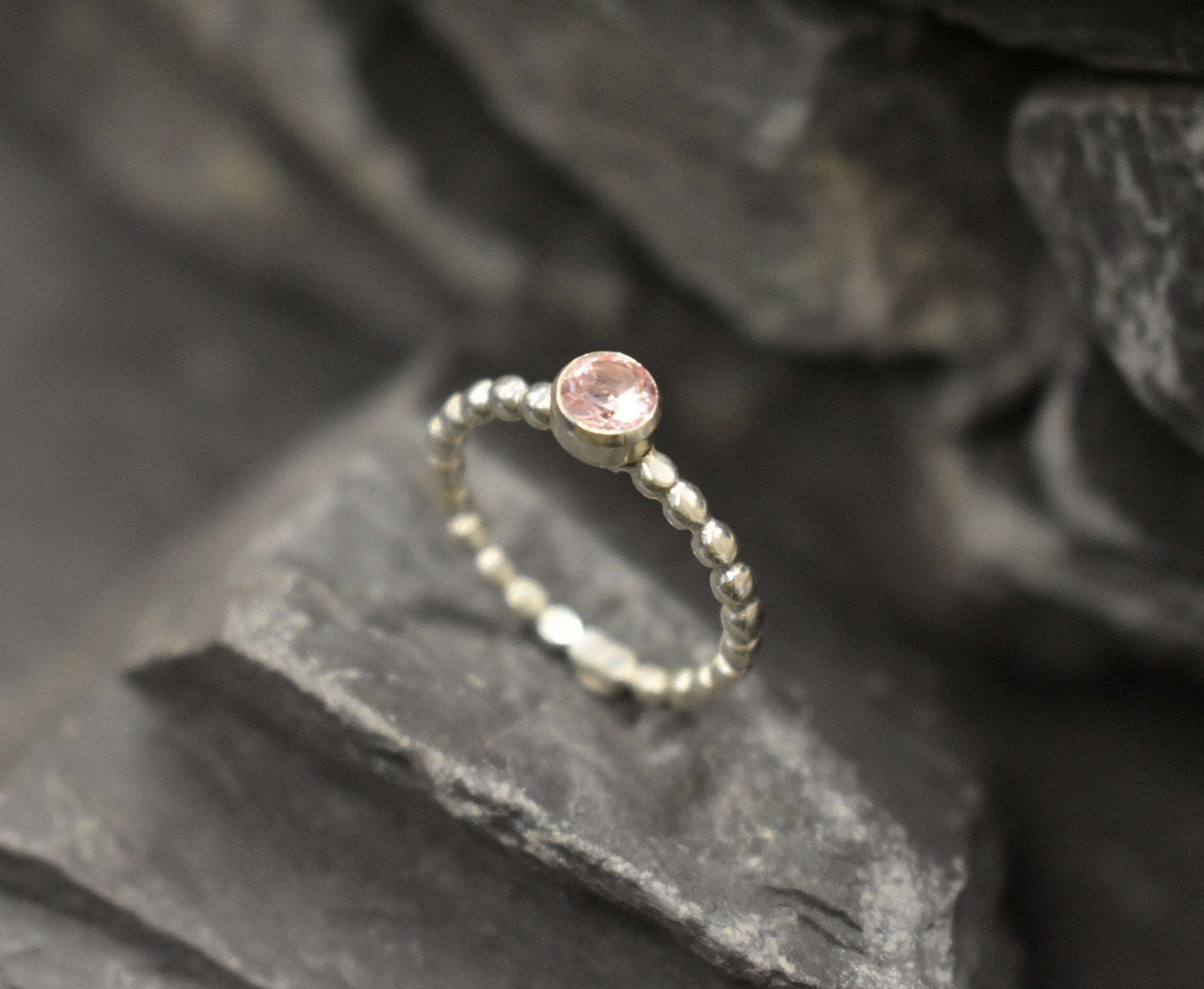 Morganite Ring - Round Pink Ring - Silver Bubble Band