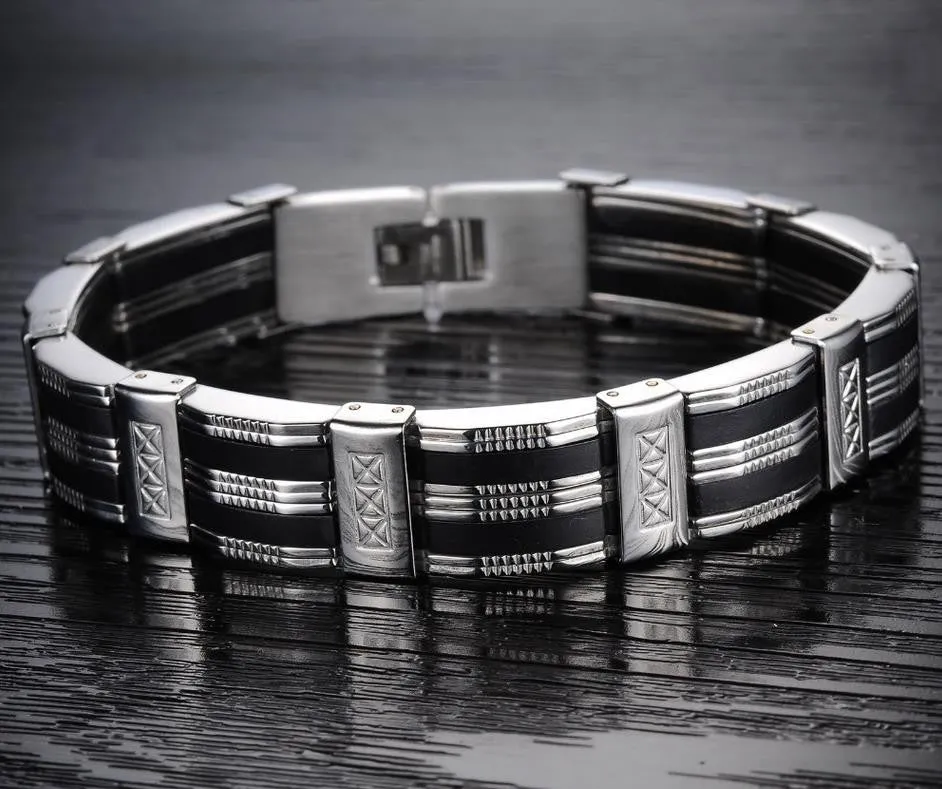 NEW Fashion jewelry Punk black Silicone mix Stainless Steel Personality Men Bracelet male Bangles