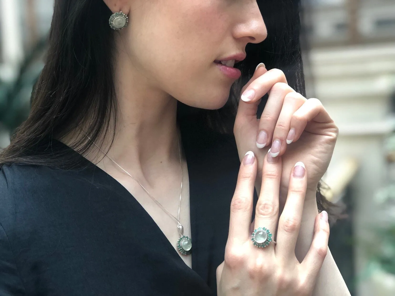 Prehnite Flower Ring - Large Victorian Ring - Vintage Statement Ring