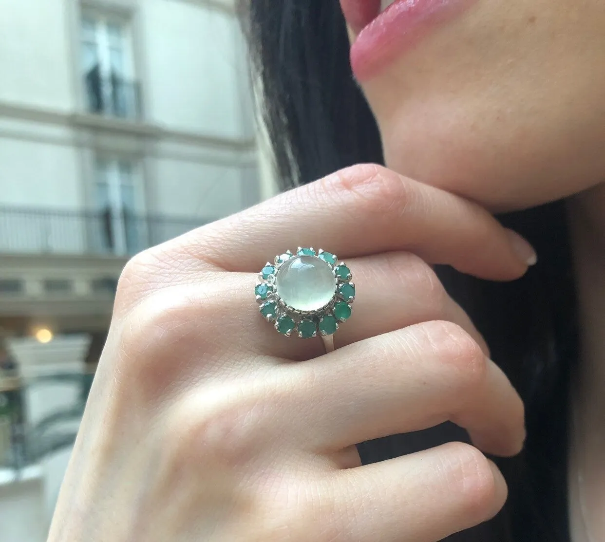 Prehnite Flower Ring - Large Victorian Ring - Vintage Statement Ring