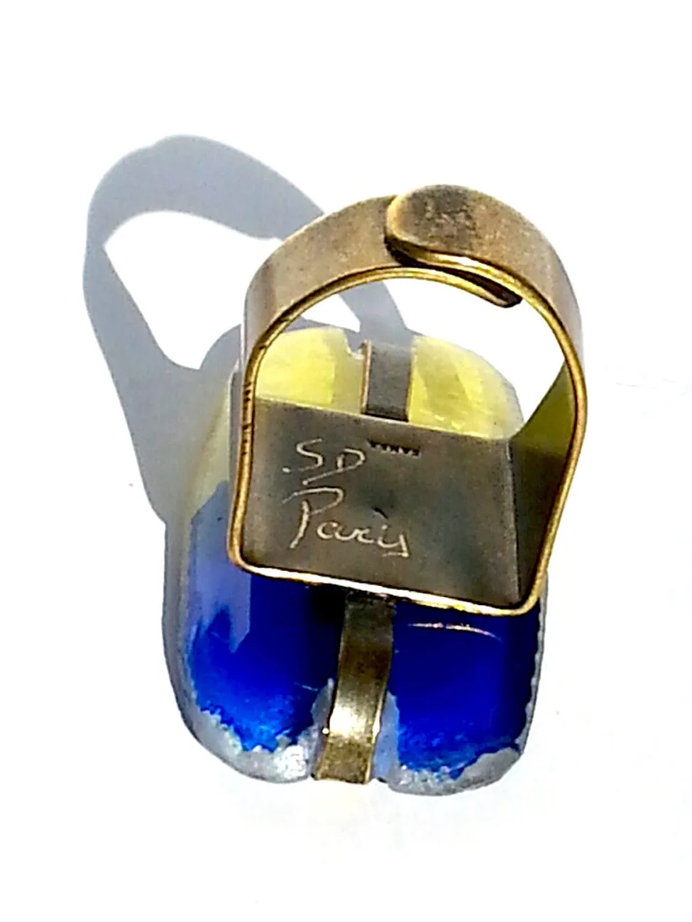 Ring Hand Cast French Glass Horse Blue and Yellow