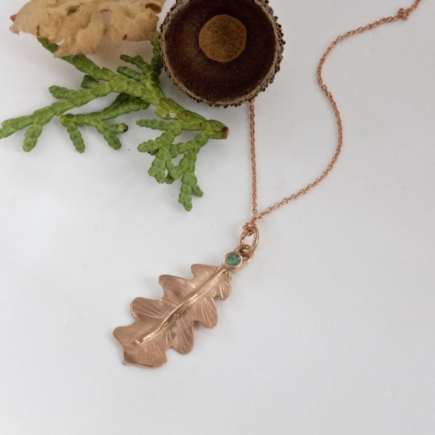 Rose Gold Oak Leaf Pendant, Solid 9ct Red Gold and Emerald Forest Leaf Necklace