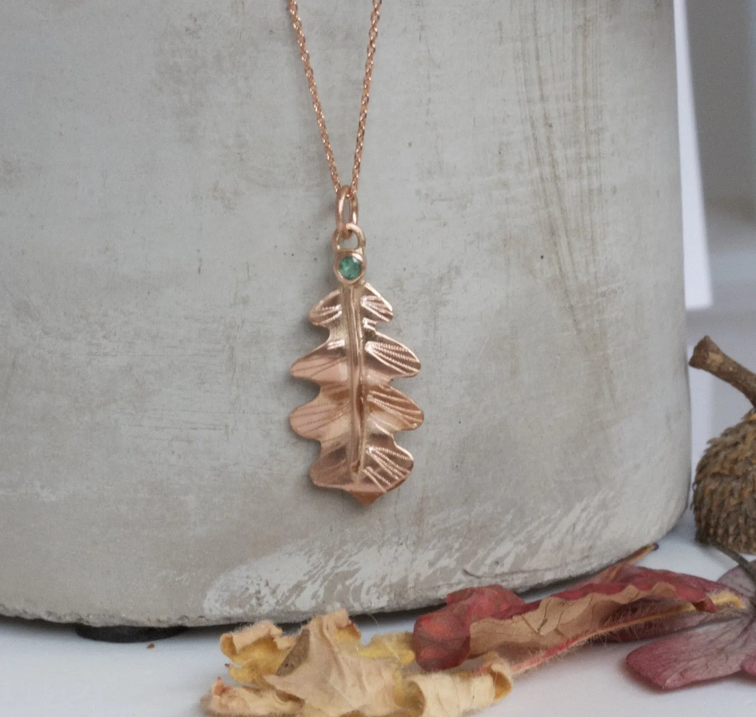 Rose Gold Oak Leaf Pendant, Solid 9ct Red Gold and Emerald Forest Leaf Necklace