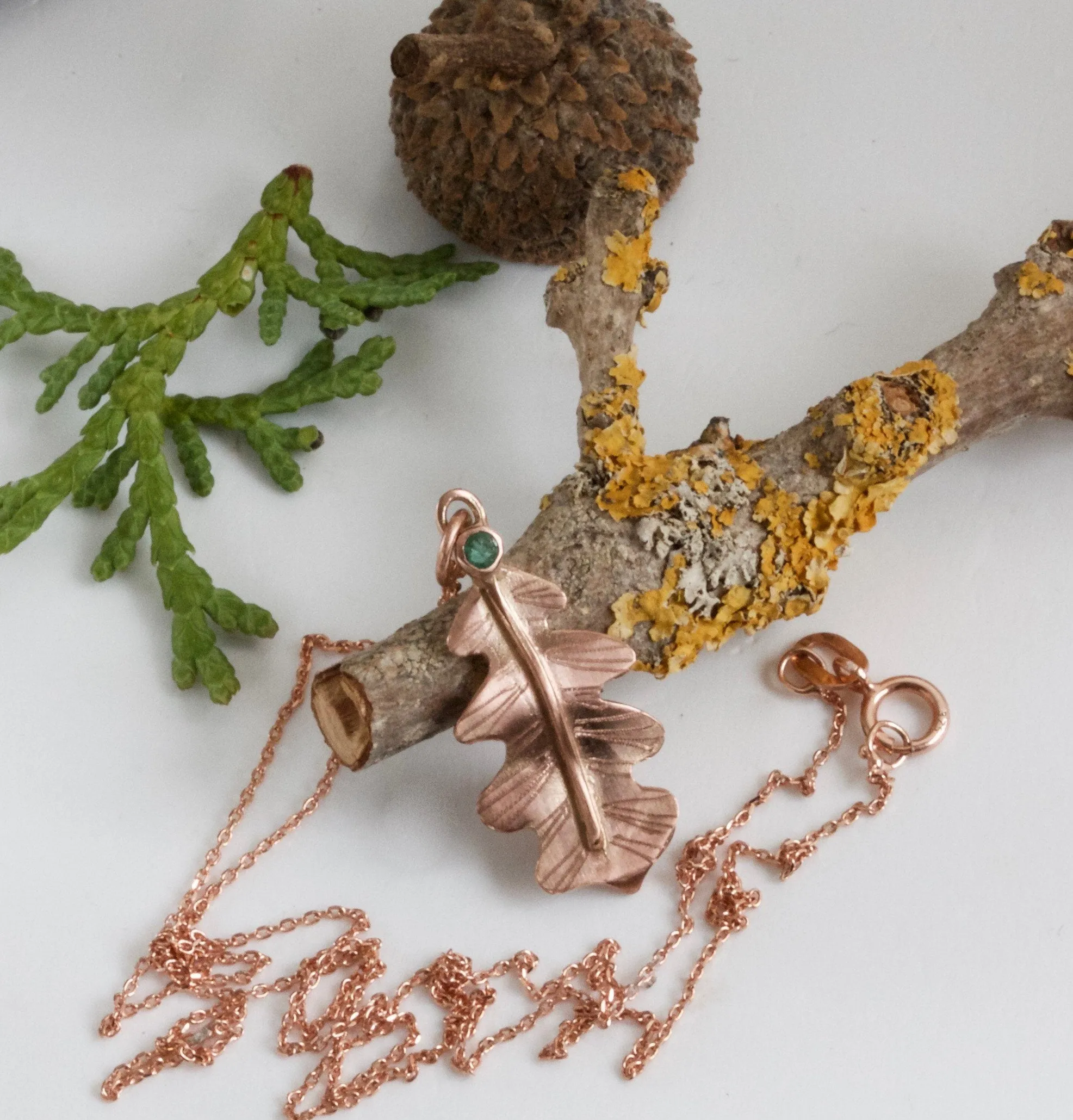 Rose Gold Oak Leaf Pendant, Solid 9ct Red Gold and Emerald Forest Leaf Necklace