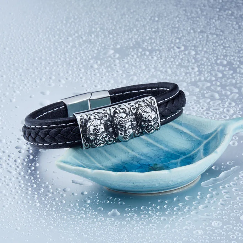 Stainless Steel Buddha Bracelet with Leather Splicing - Stylish Men's Jewelry for Spirituality and Elegance