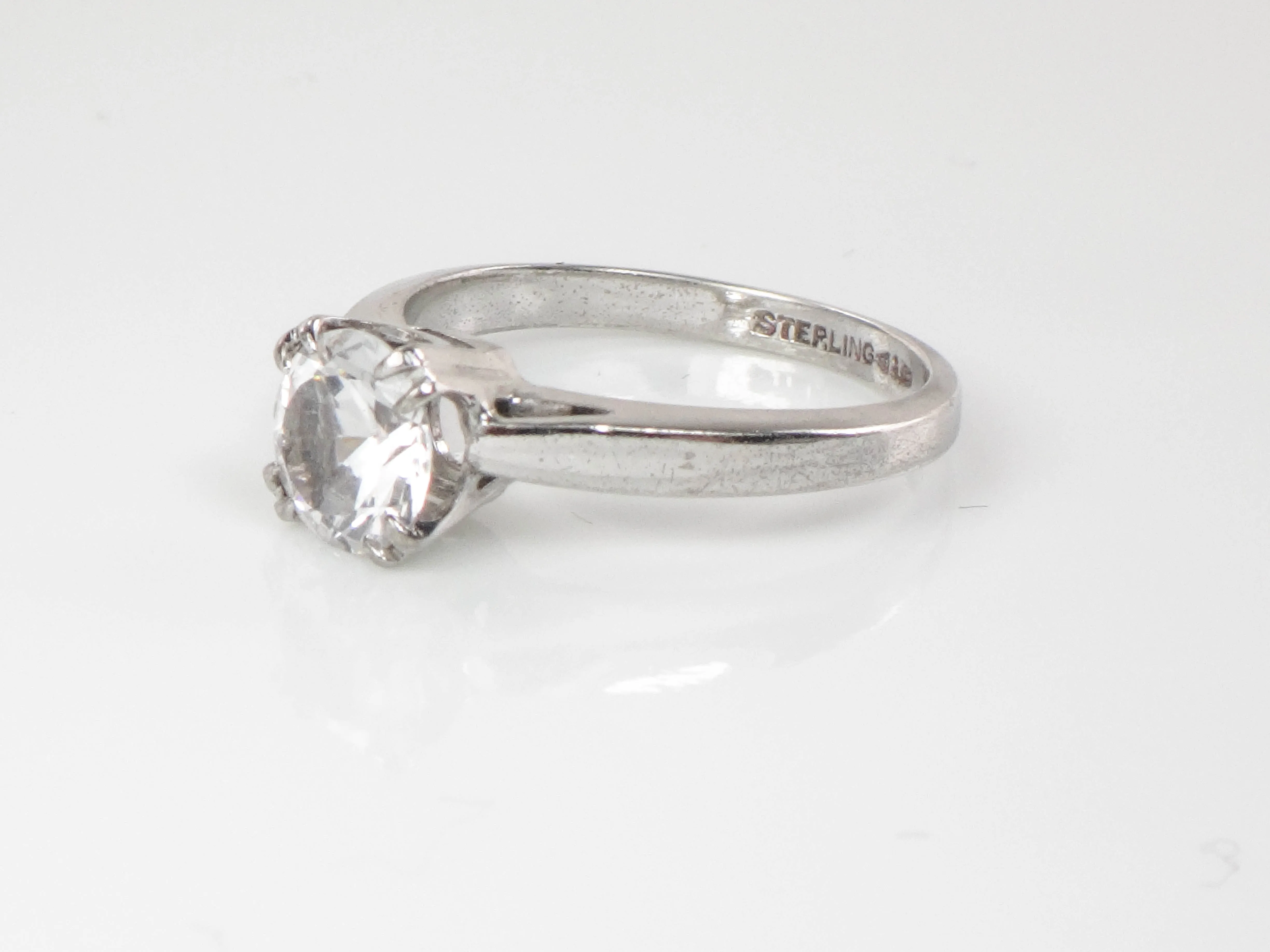 Vintage Sterling Silver Round White Topaz Solitaire Engagement Ring, Size 6